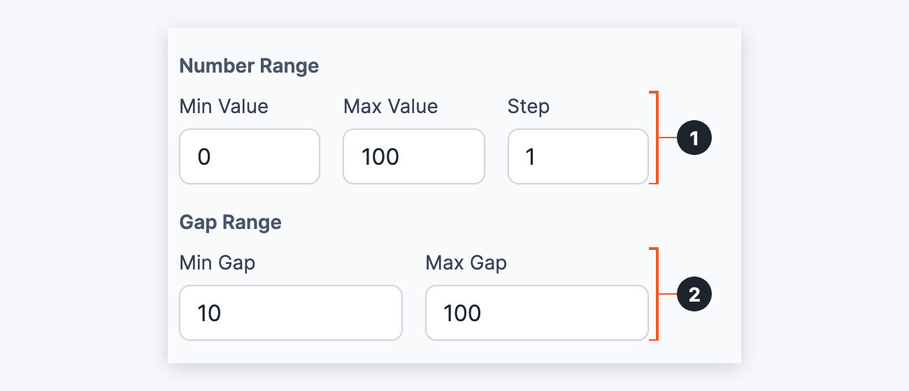 Range Slider field options - Number Range (1) and Gap Range (2) Range Slider field options - Number Range (1) and Gap Range (2)