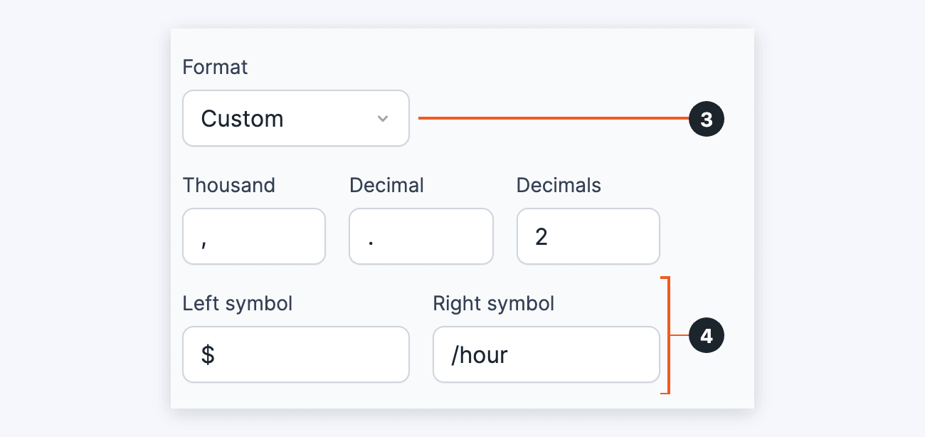 Range Slider field options - Format (3) set to Custom, Left symbol and Right symbol (4) Range Slider field options - Format (3) set to Custom, Left symbol and Right symbol (4)