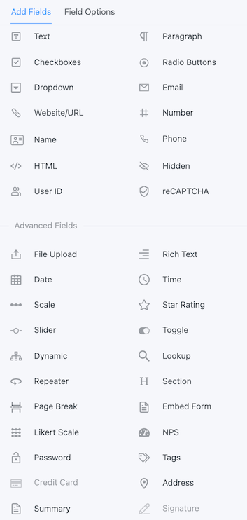 WordPress form builder field types