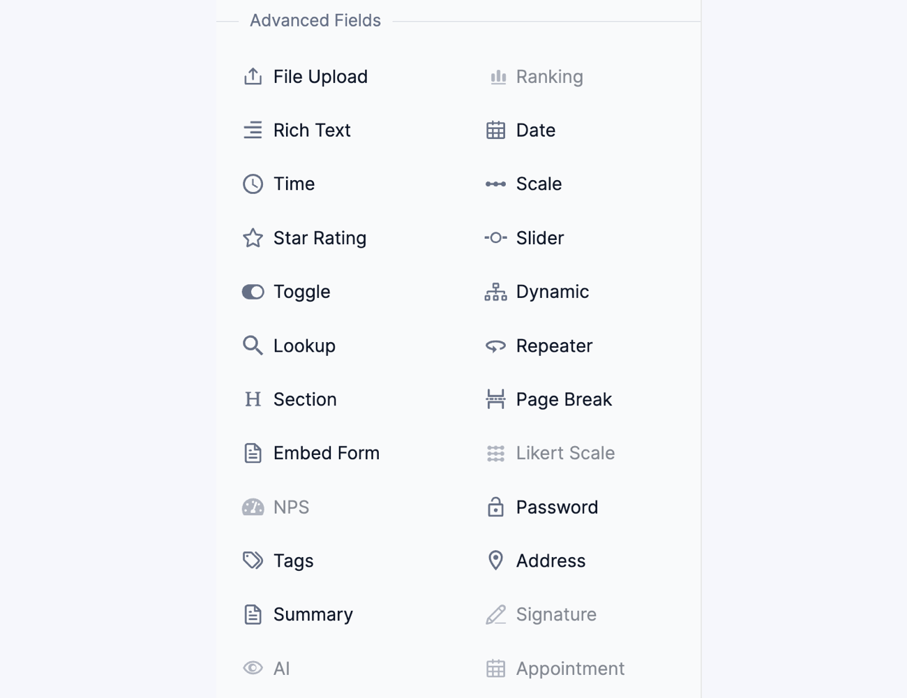 WordPress form builder field types