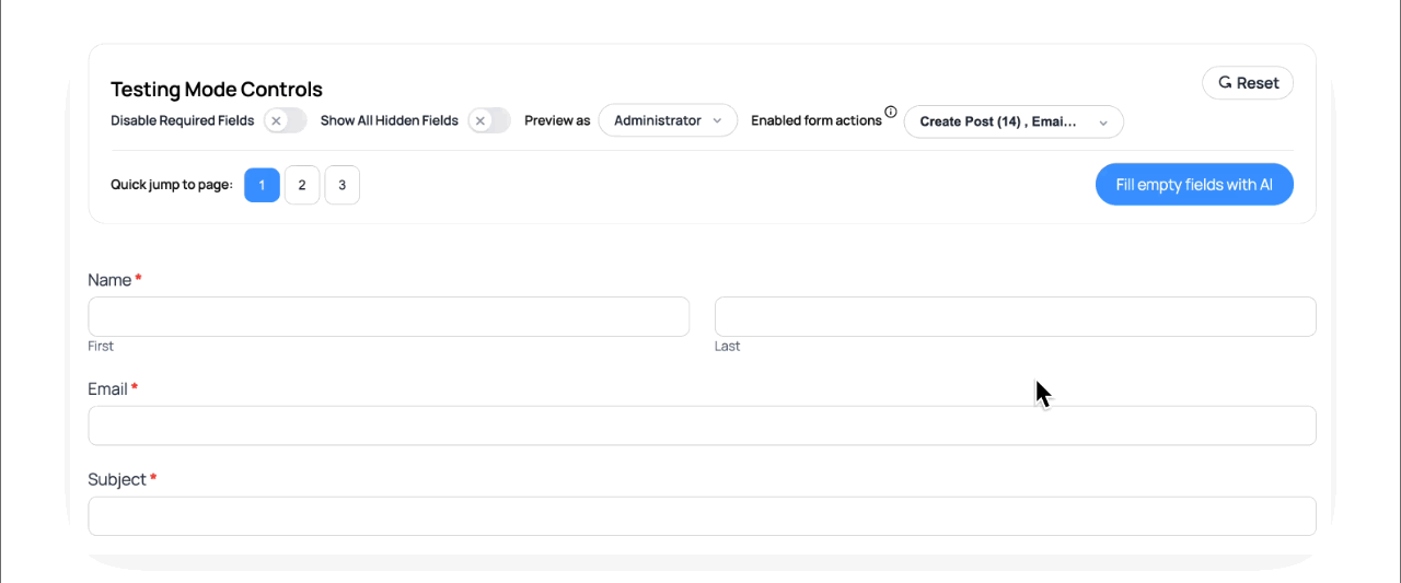 Fill empty fields with AI button populating form inputs with sample data.