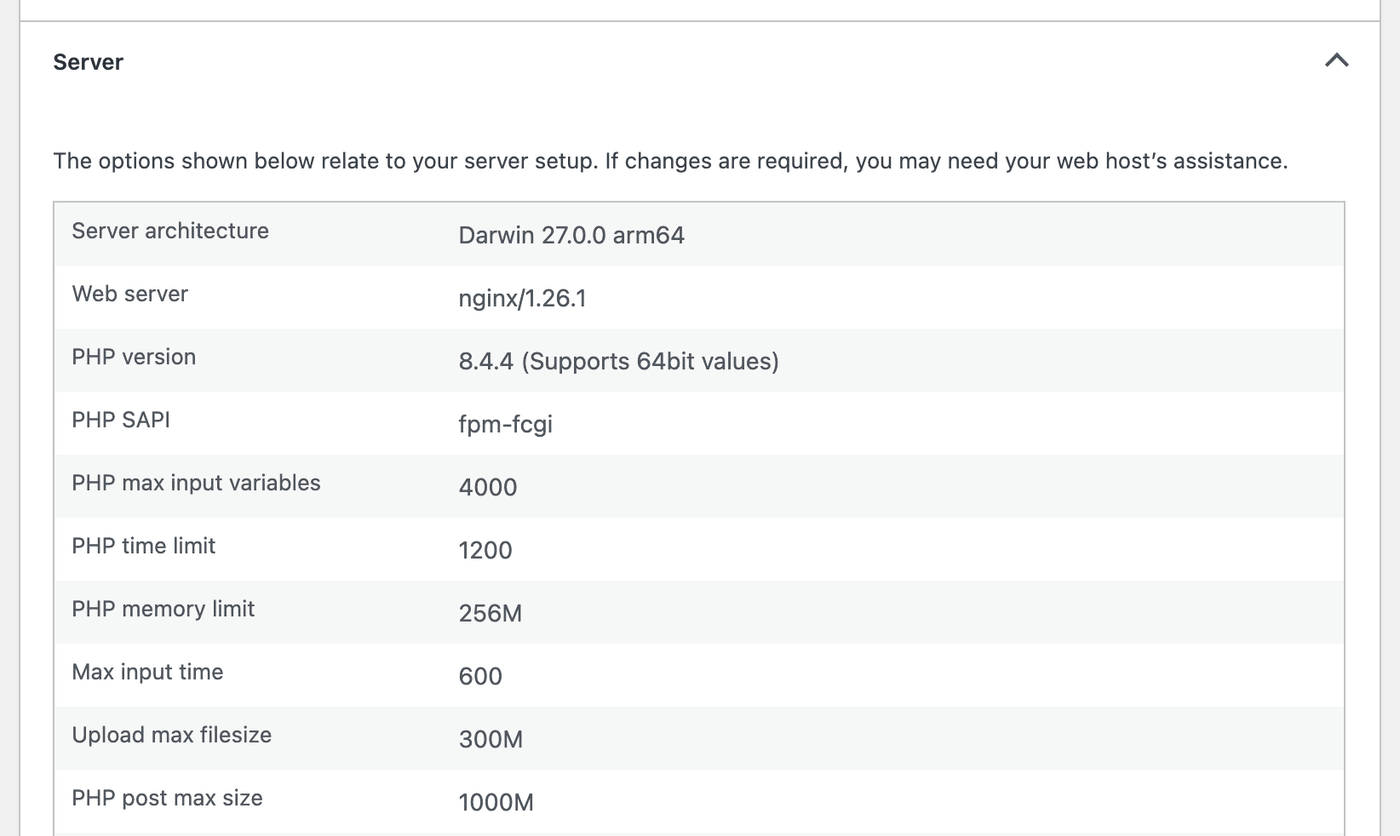 Server limits in the Server panel of Site Health Server limits in the Server panel of Site Health