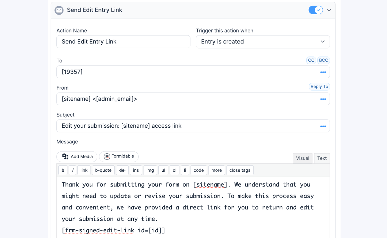 Form Abandonment - Send Endit Entry Link Email