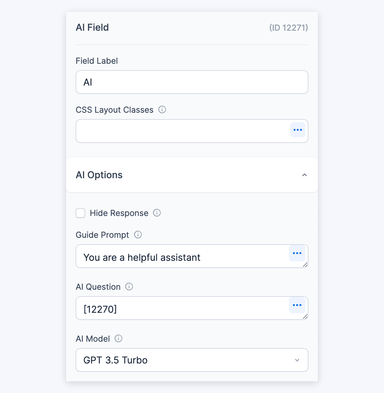 Form AI - Field options: Field Label, CSS Layout Classes and the AI Options section Form AI - Field options: Field Label, CSS Layout Classes and the AI Options section