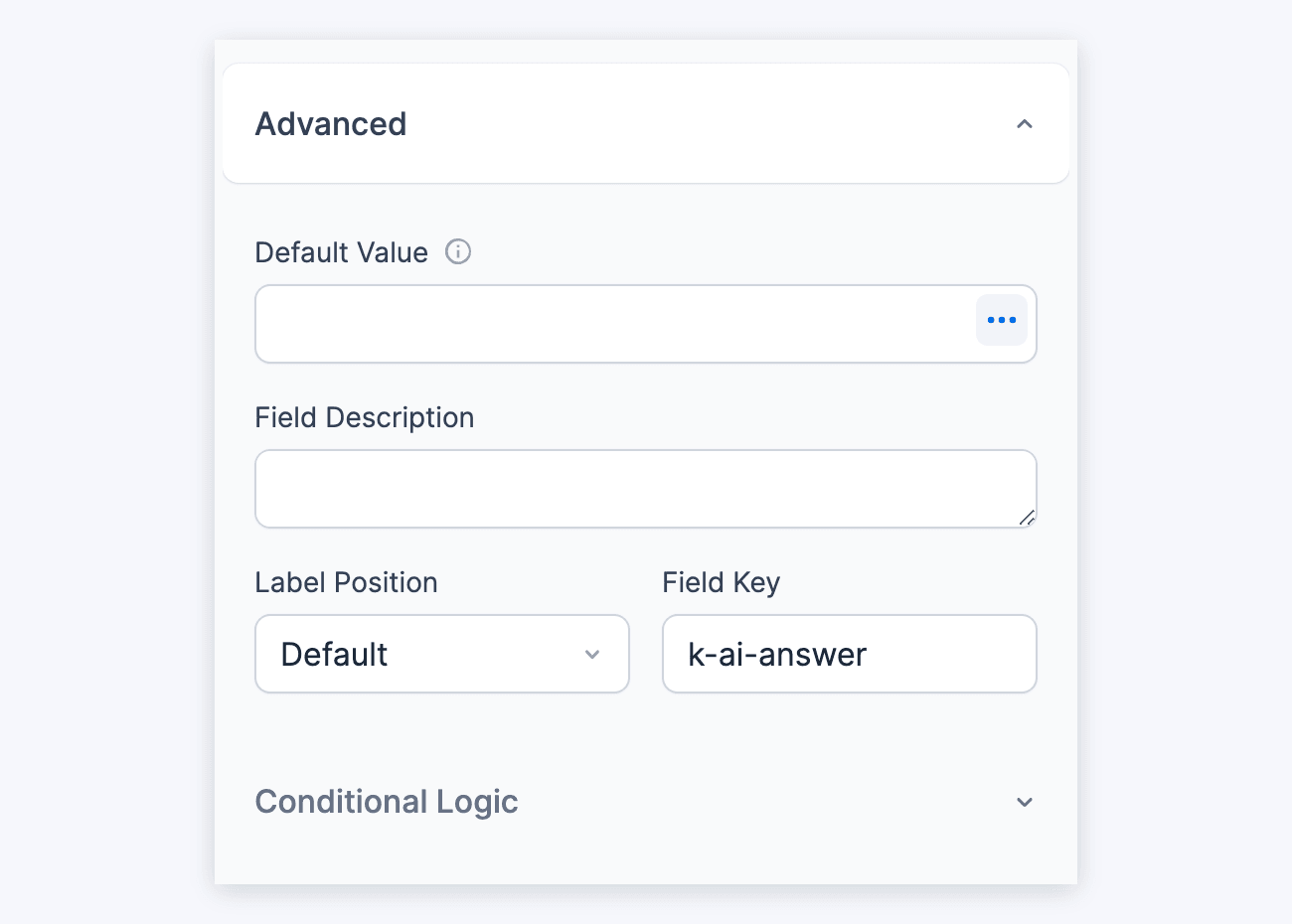 Form AI - Advanced field options: Default Value, Field Description, Label Position and Field Key Form AI - Advanced field options: Default Value, Field Description, Label Position and Field Key