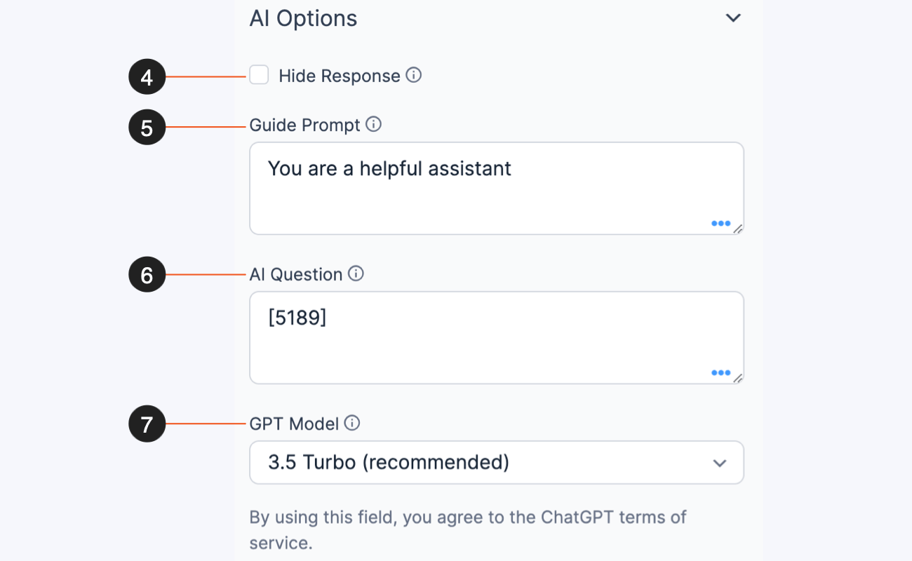 Specific field options in the Form AI field 