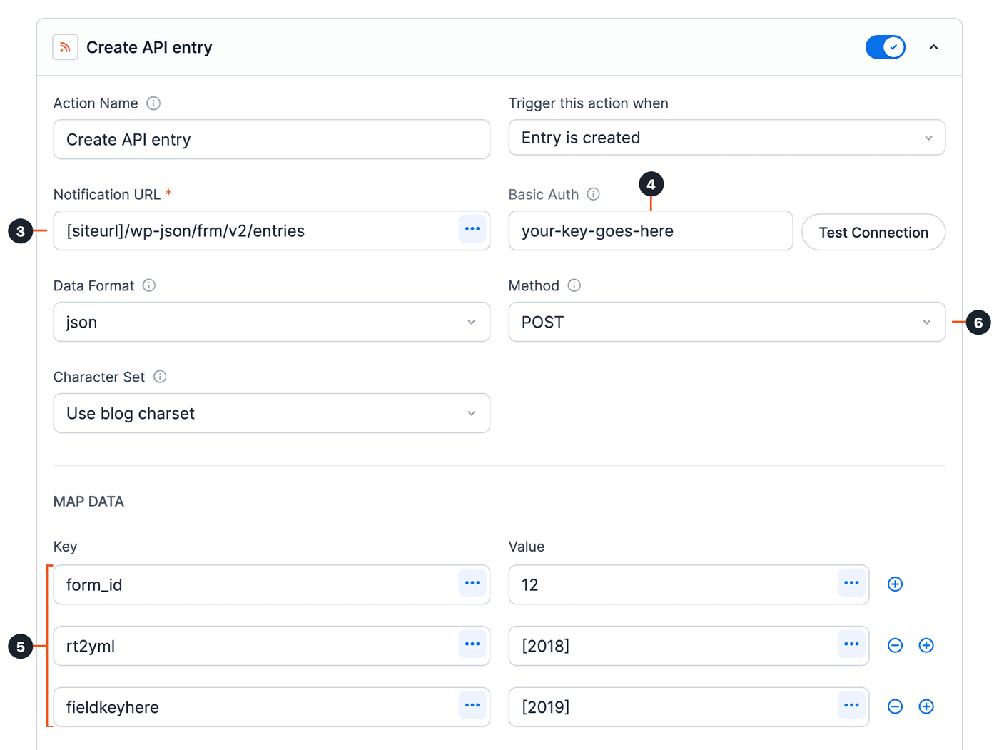 Form Webhooks API - Create API entry action, steps 3 to 6 numbered Form Webhooks API - Create API entry action, steps 3 to 6 numbered