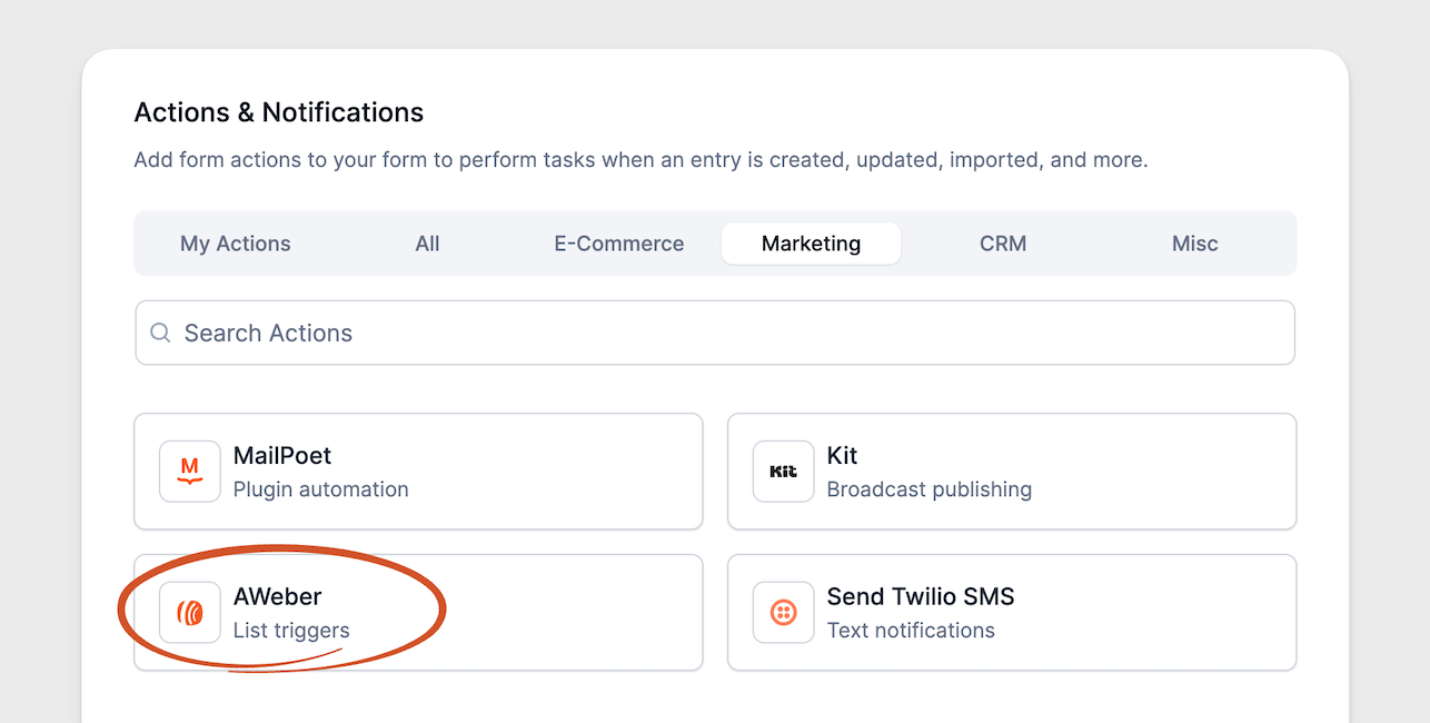 Add AWeber form action