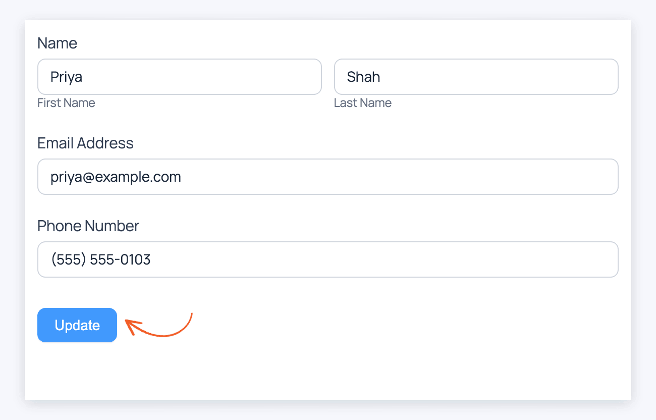The user's entry opened in the form, with the Update button The user's entry opened in the form, with the Update button