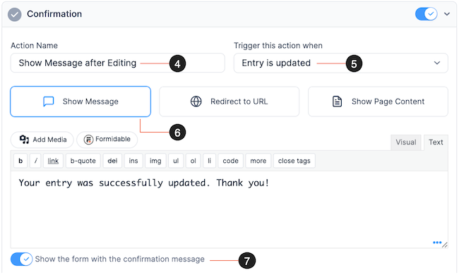 Front End Edit - Confirmation Show Message After Editing
