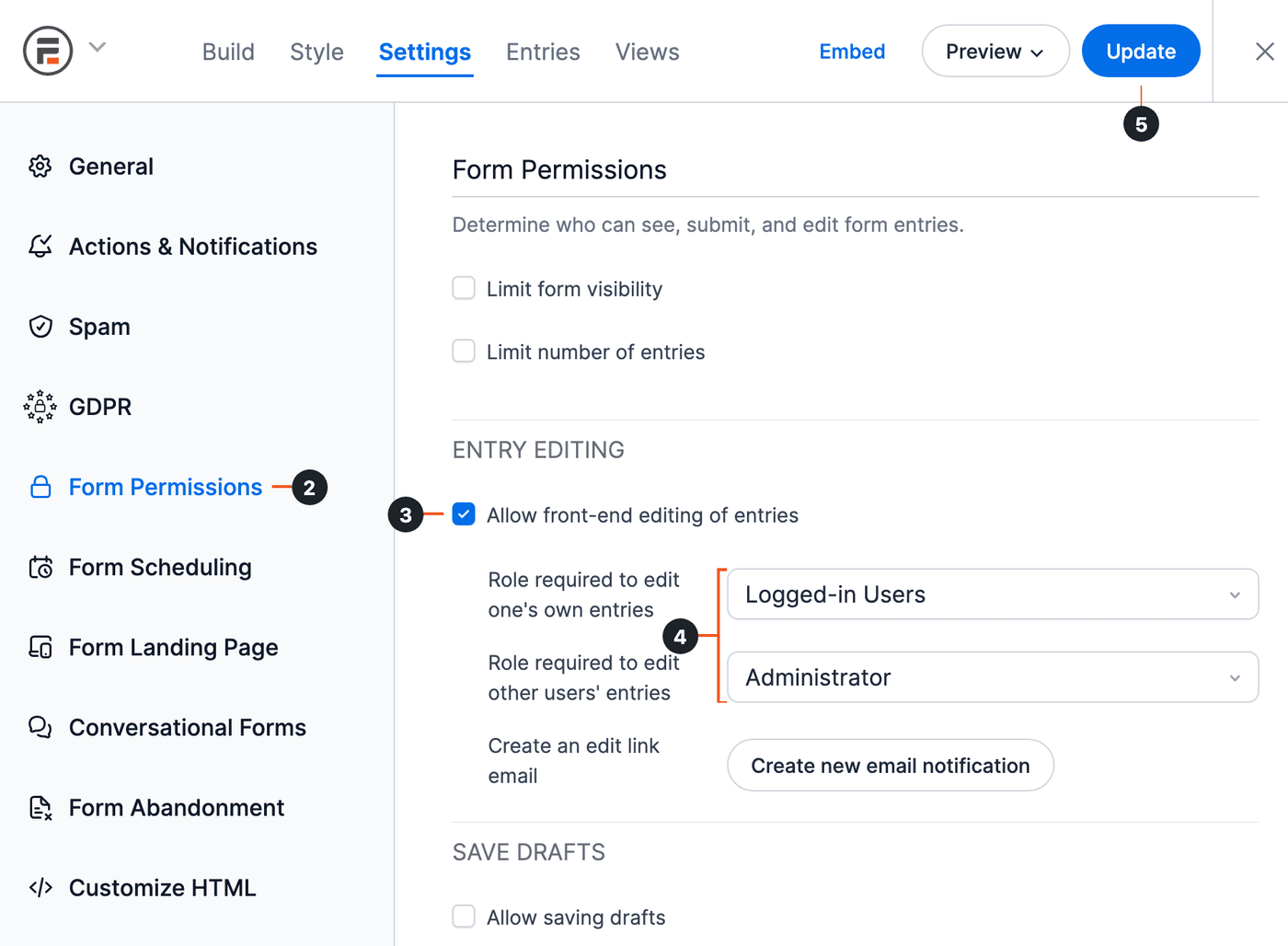 Front End Edit Permissions - Form Permissions, Allow front-end editing of entries, editing roles and Update Front End Edit Permissions - Form Permissions, Allow front-end editing of entries, editing roles and Update