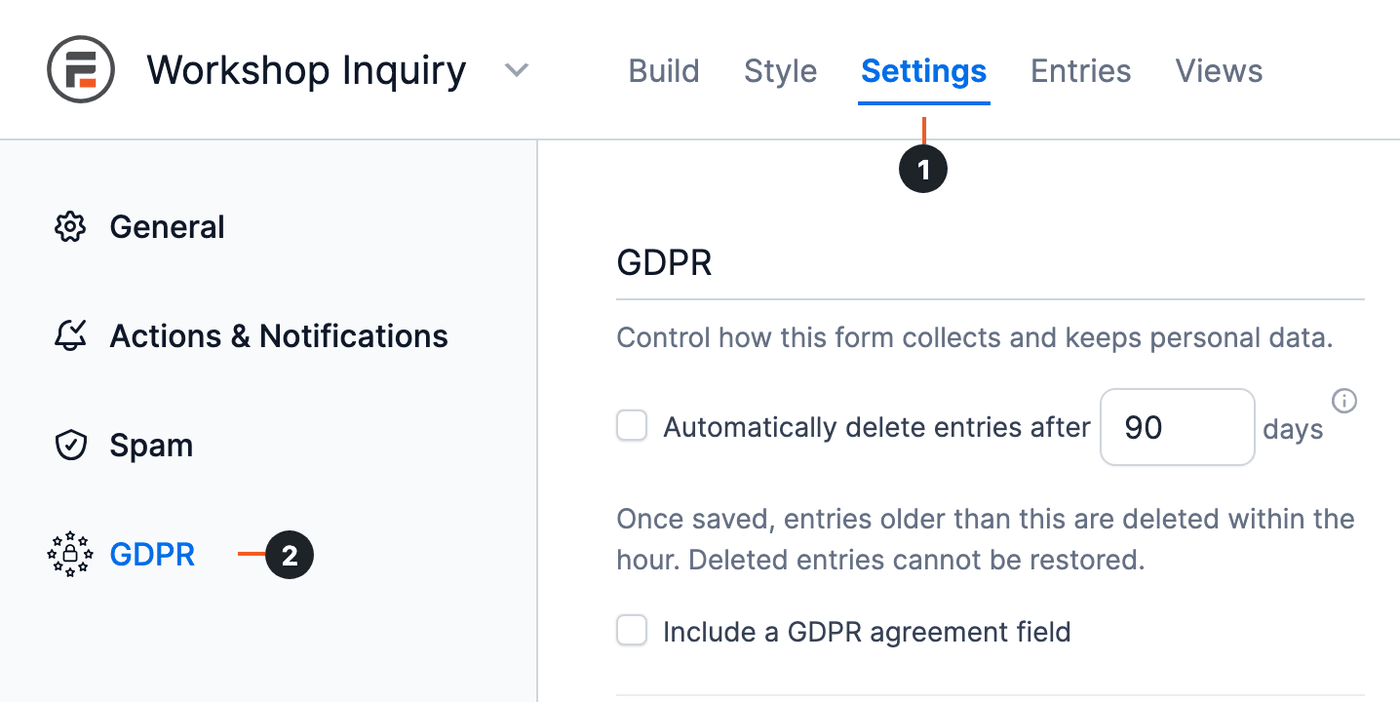 GDPR Compliance - Settings tab and GDPR tab in the form builder