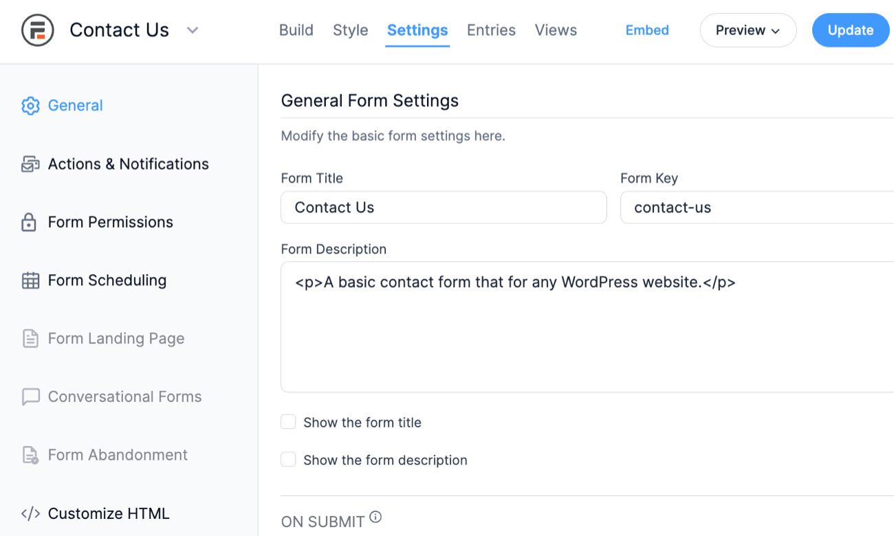 General Form Settings - Formidable Forms