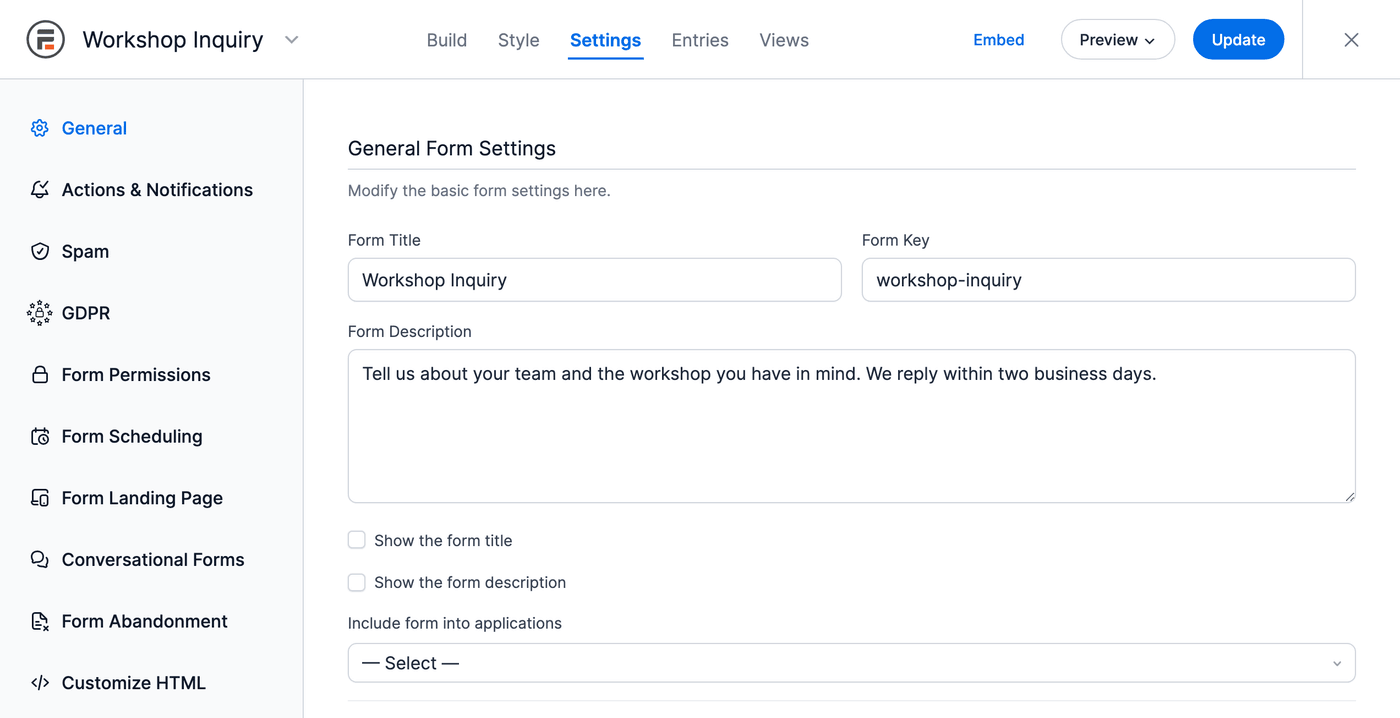 Basic Form Settings Basic Form Settings