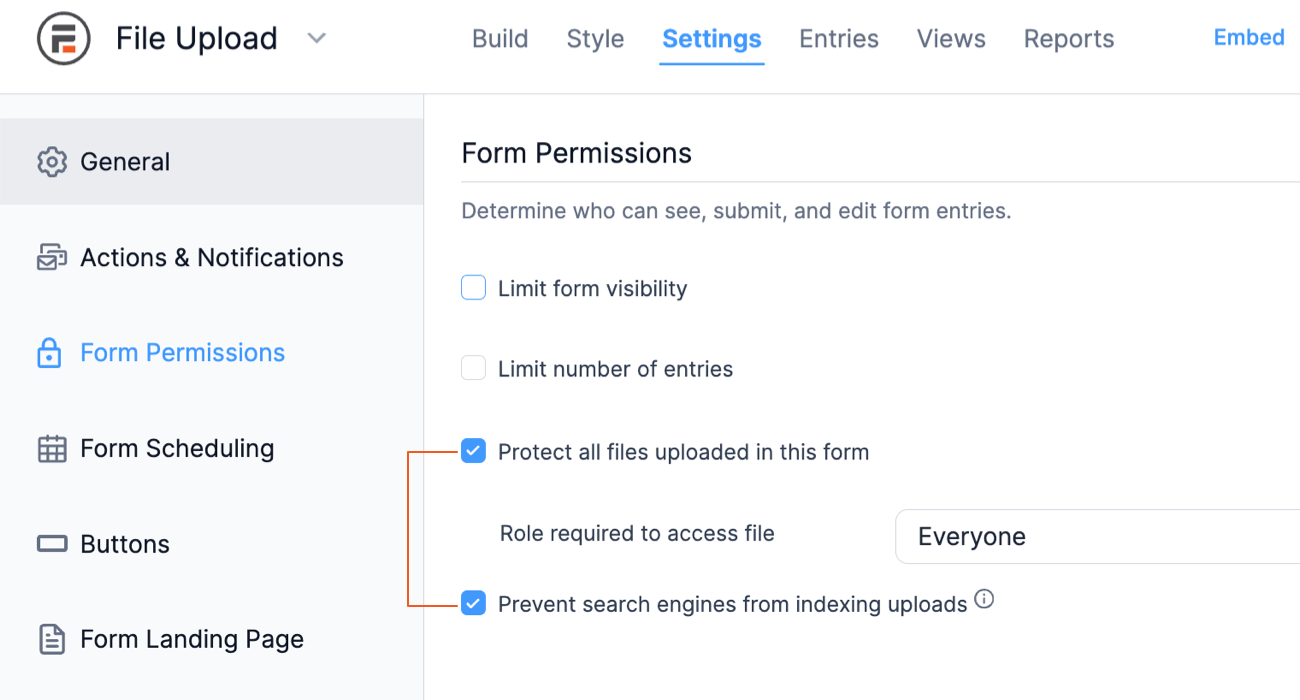 Form Settings File Protection Permissions