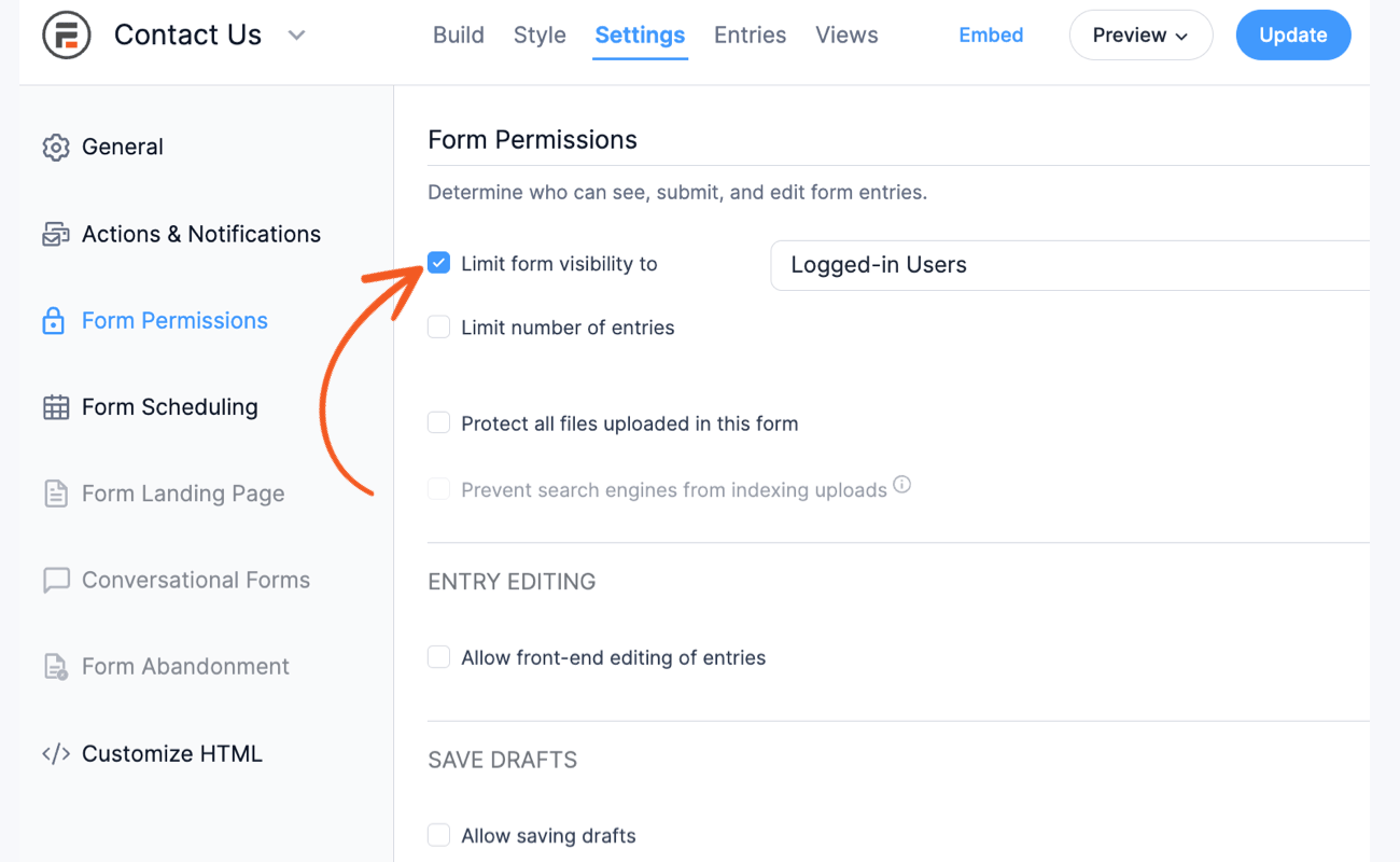 The form permissions restricting user access.