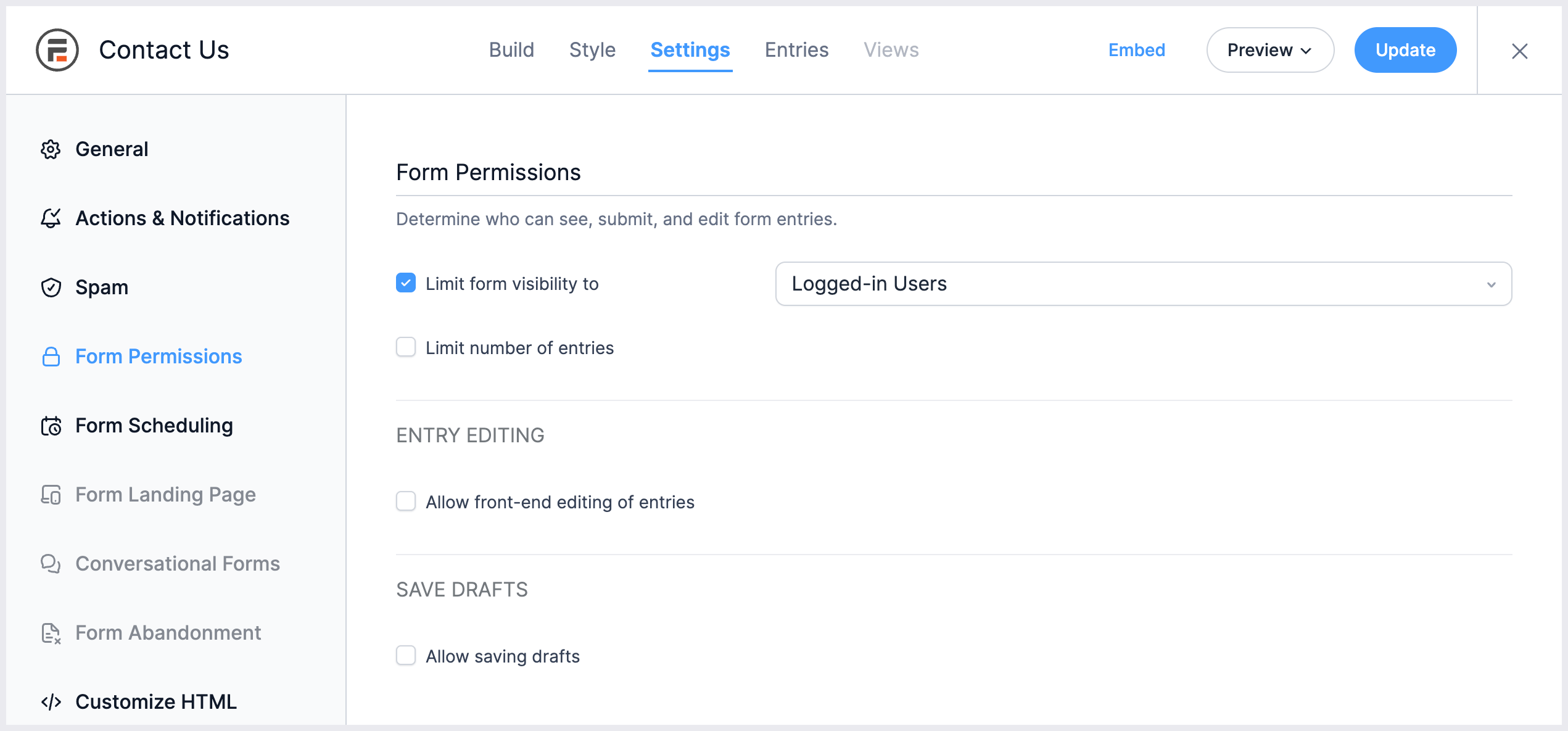 Form Settings Limit Visibility Form Settings Limit Visibility