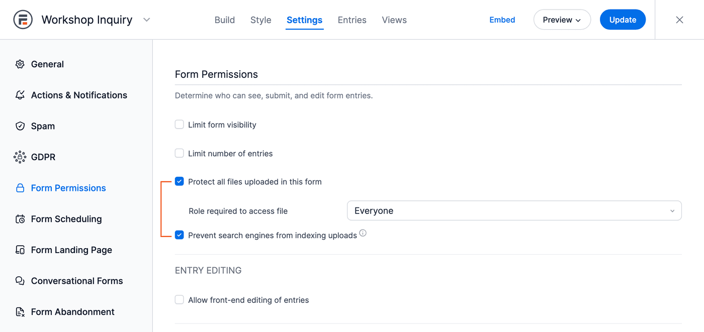 Form Settings File Protection Permissions