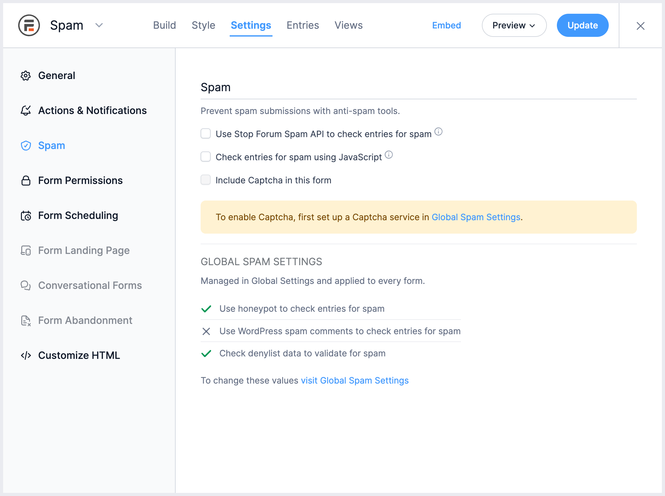 Form Spam settings