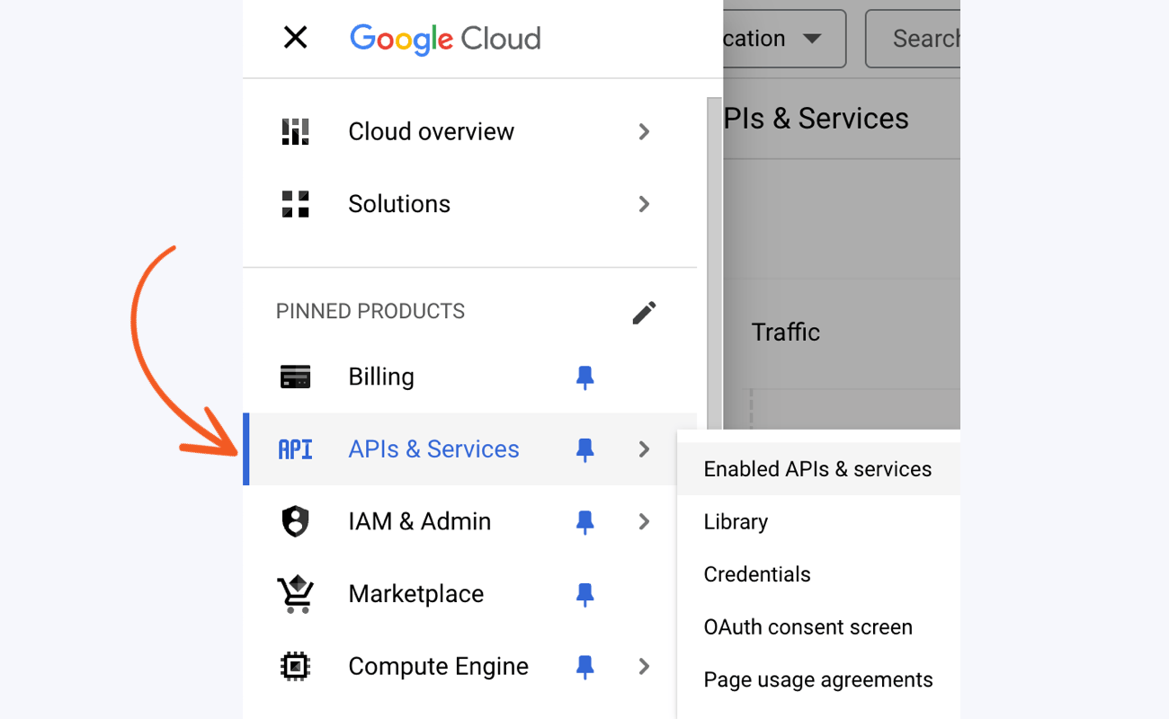 The Google Cloud Platform dashboard with a menu expanded to show options like "Billing," "Marketplace," and "APIs & Services." An arrow points to the APIs & Services section, guiding users to manage API credentials.