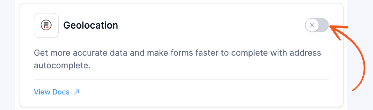 A settings page for enabling the Geolocation feature in Formidable Forms. The interface includes a toggle button for enabling or disabling the feature, with a description about using address autocomplete.