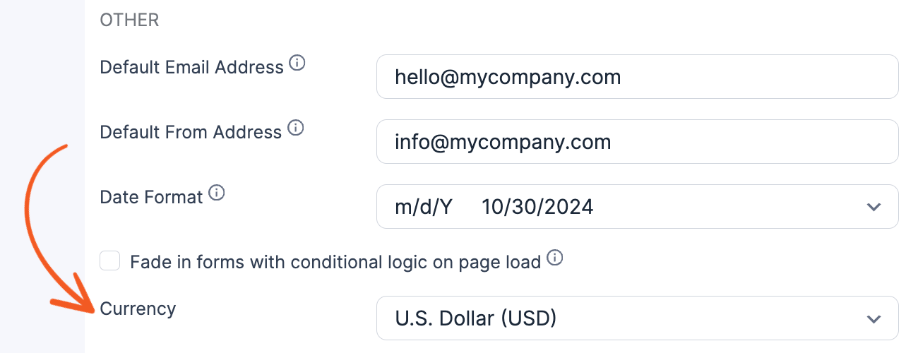 Currency settings for pricing fields