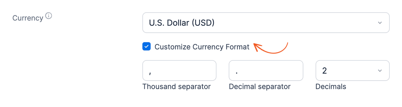 Global Settings - Customize Currency Format checked with the separator fields Global Settings - Customize Currency Format checked with the separator fields