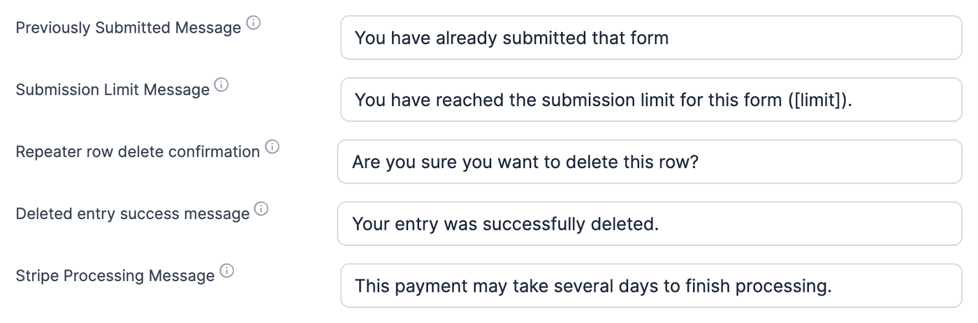 Global Settings Message Defaults - Previously Submitted Message to Stripe Processing Message - full default text