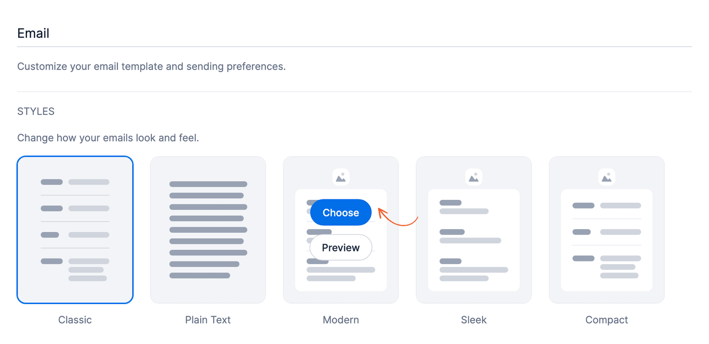Global Settings Email - Styles with Choose and Preview on a hovered style