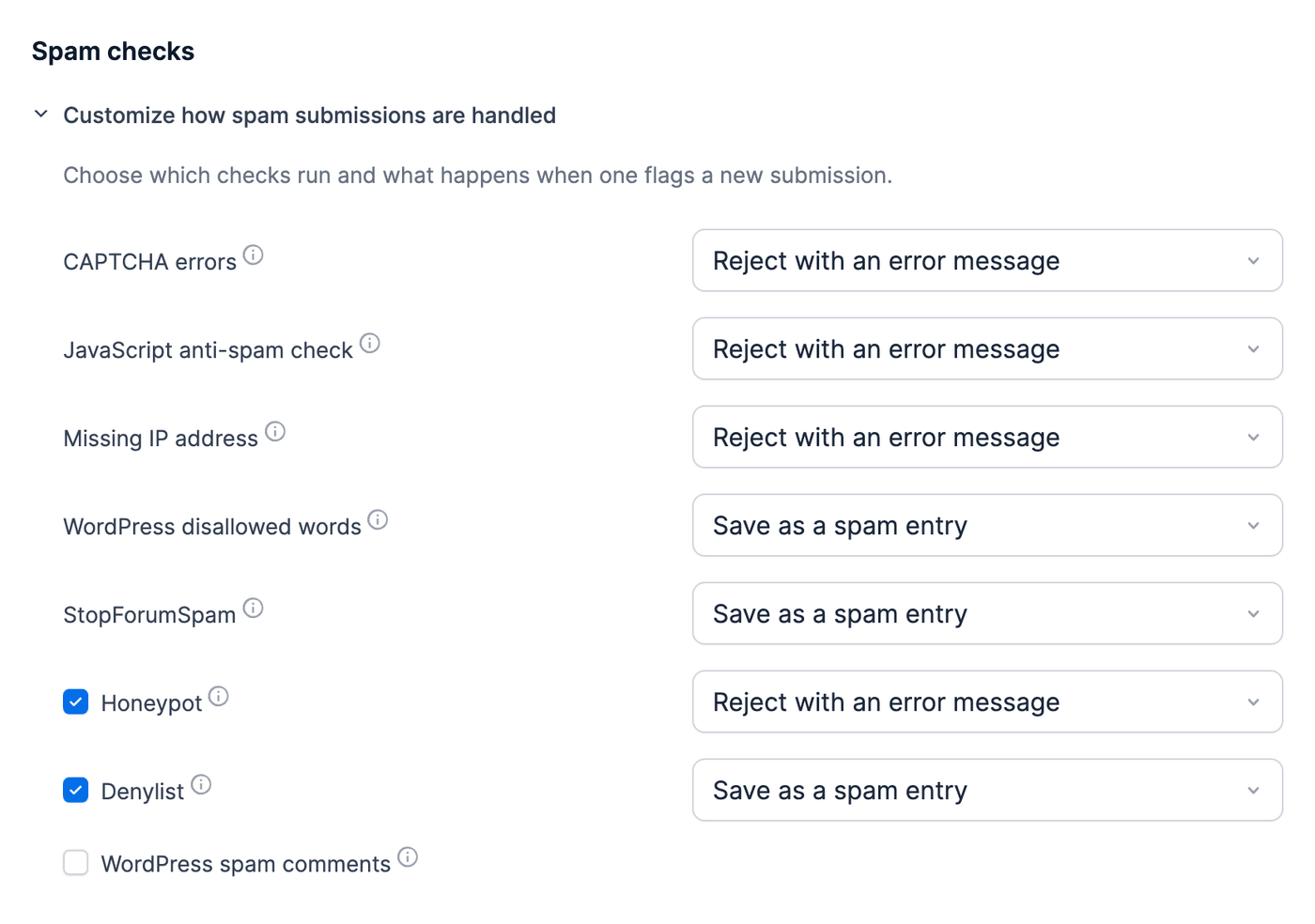 Global Settings Captcha/Spam - Spam checks