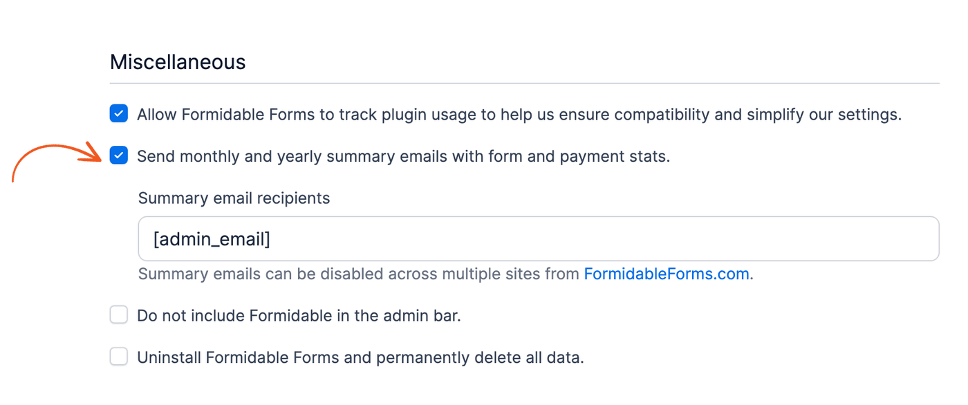 Miscellaneous tab with an arrow on the Send monthly and yearly summary emails checkbox Miscellaneous tab with an arrow on the Send monthly and yearly summary emails checkbox