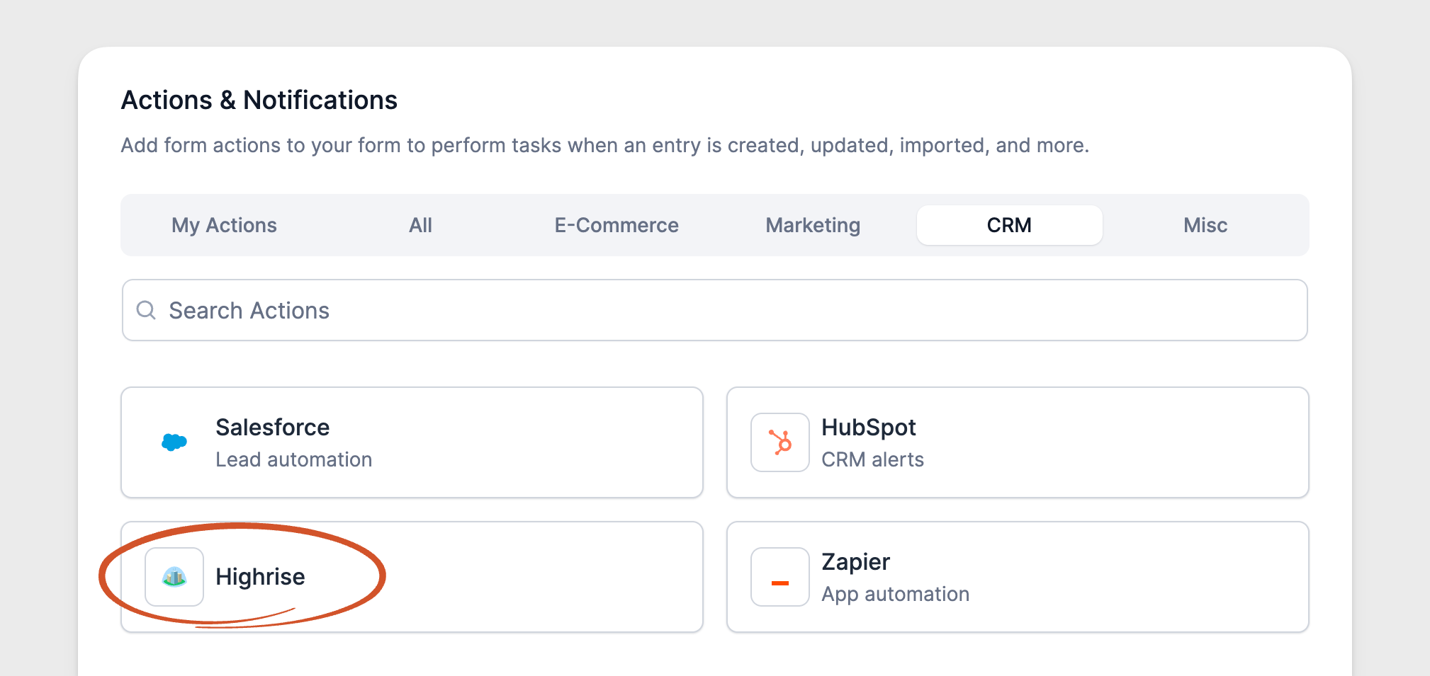 Highrise CRM form Add Form Action