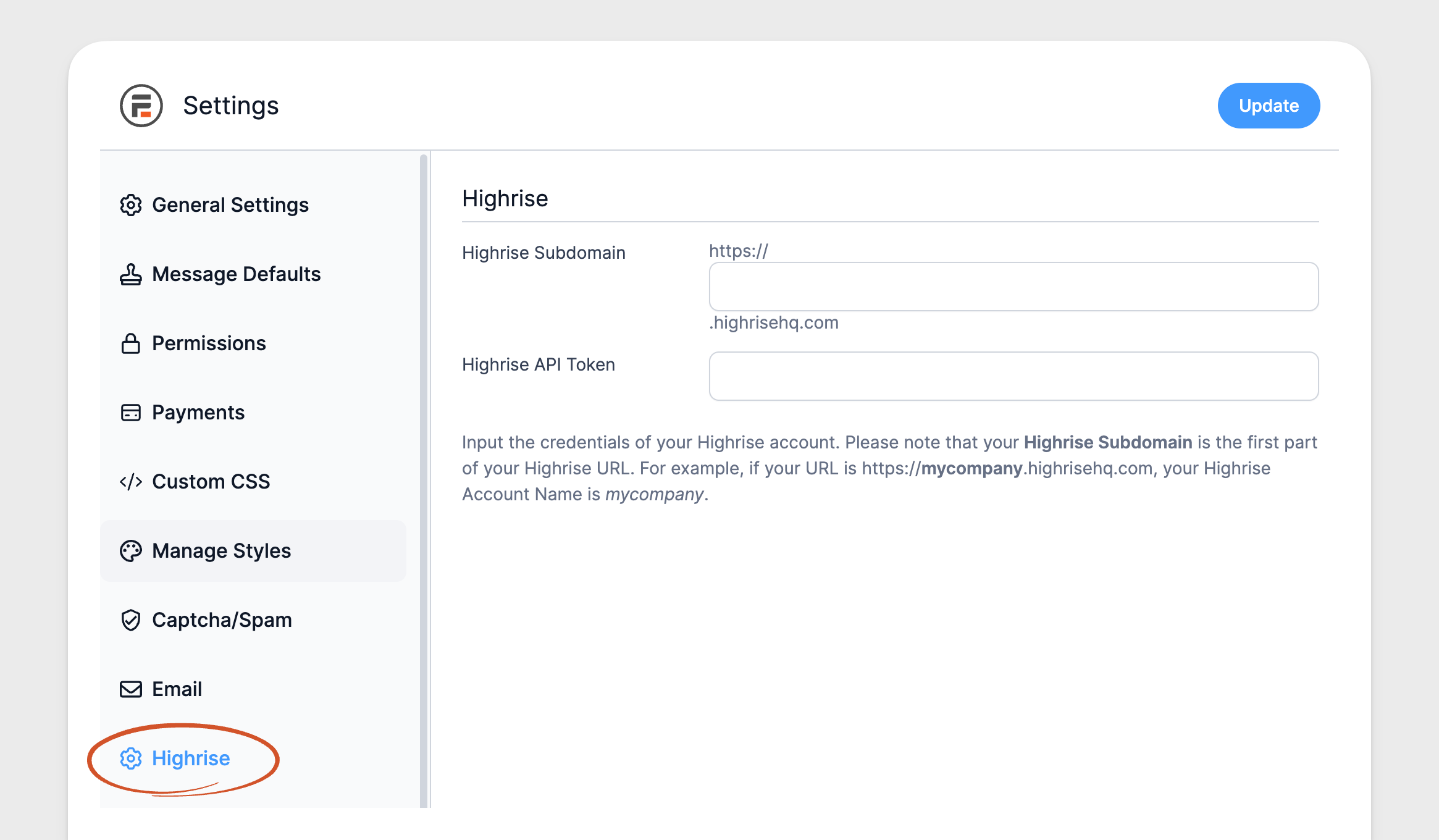 Highrise CRM Forms Global Settings