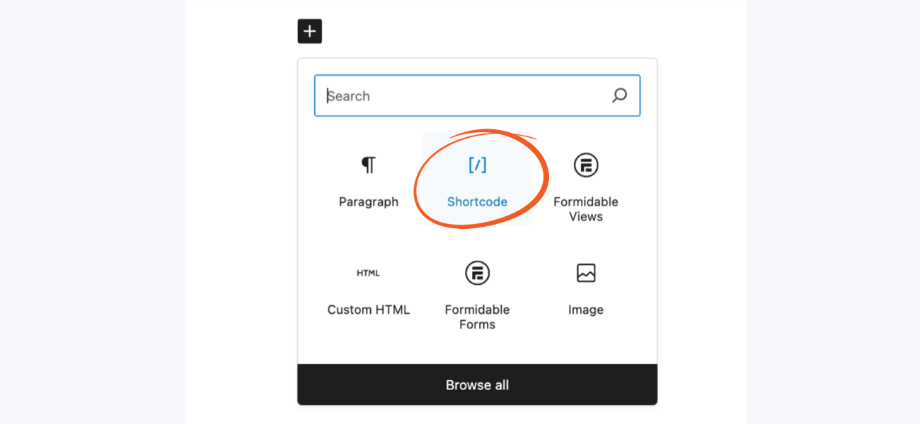 Insert shortcode using block editor