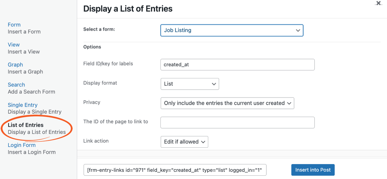 List Entries Shortcode Builder List Entries Shortcode Builder
