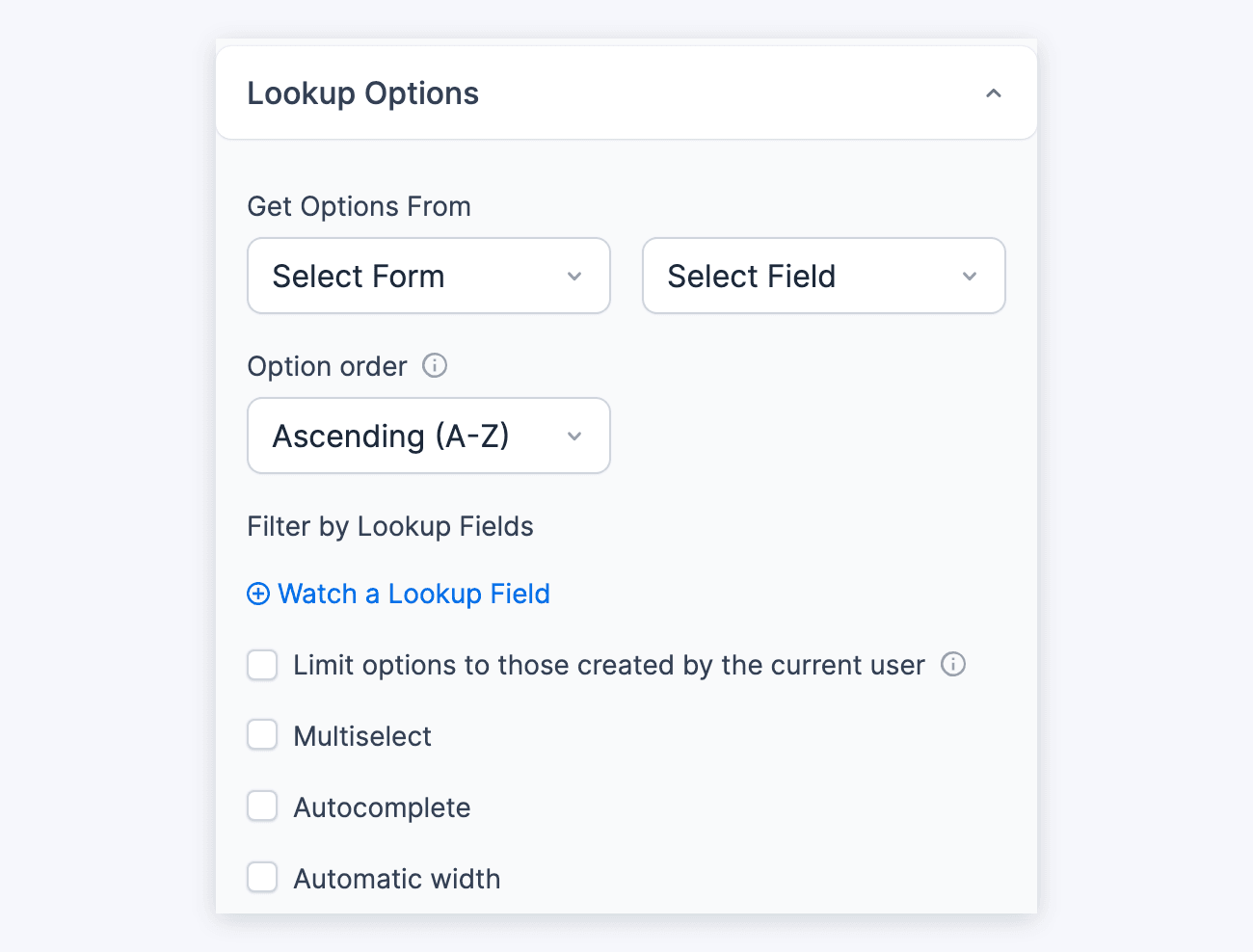 Lookup Field Options - Lookup Options section