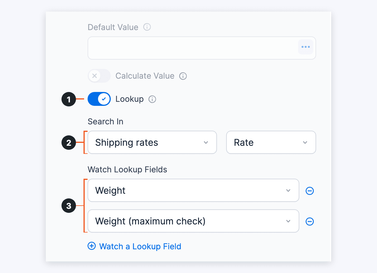 Shipping rate field Advanced settings - Lookup toggle on, Search In set to Shipping rates and Rate, watching Weight and Weight (maximum check)