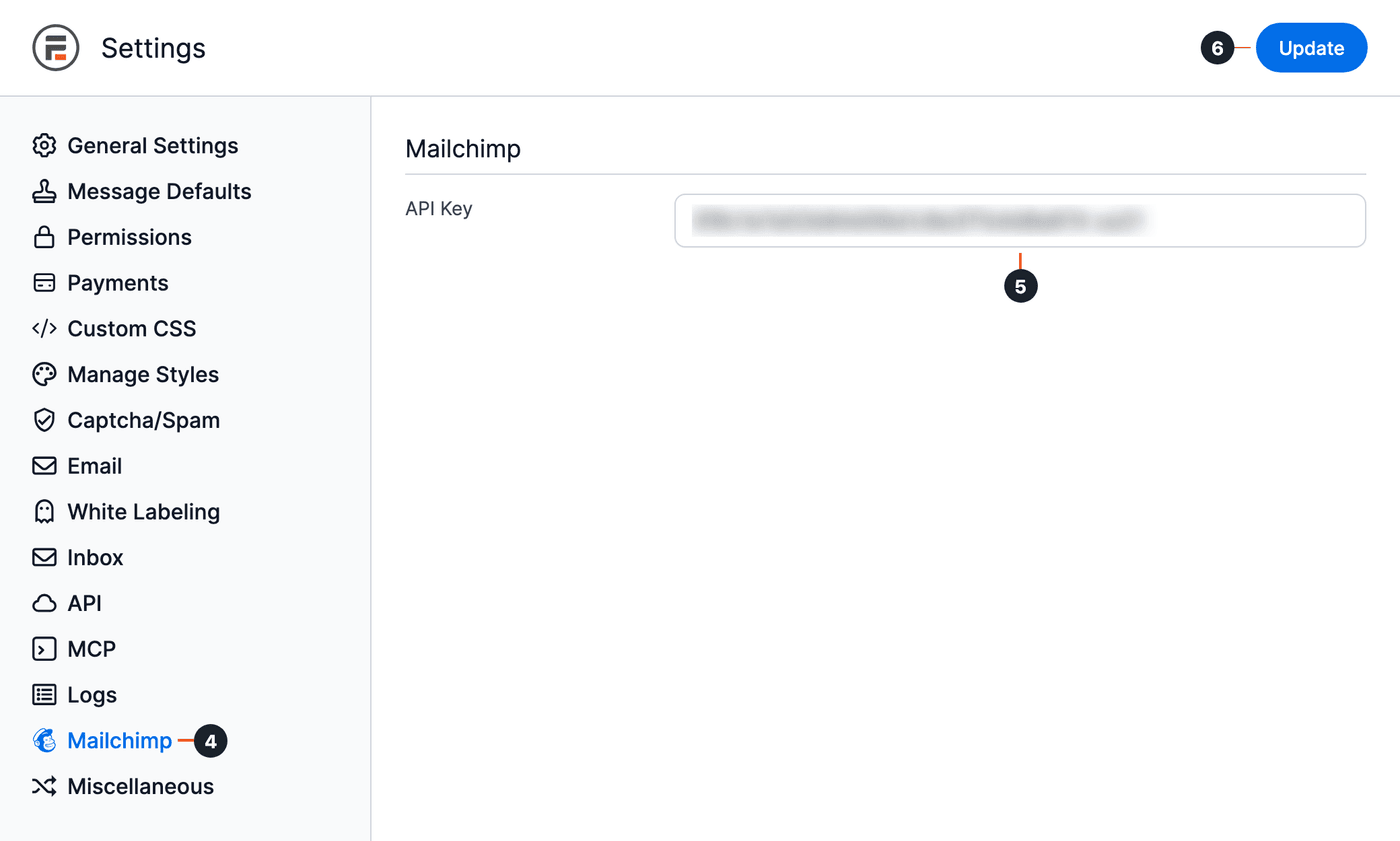 Mailchimp API Key - Global Settings Mailchimp tab, API Key field with a saved key, and Update button Mailchimp API Key - Global Settings Mailchimp tab, API Key field with a saved key, and Update button