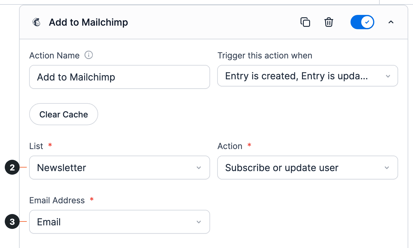 Mailchimp Settings - List and Email Address in the Add to Mailchimp action