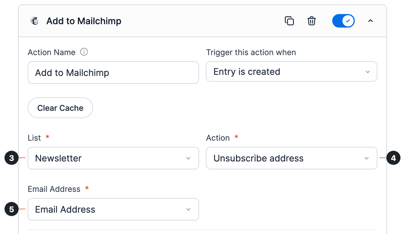 Mailchimp Unsubscribe User Action - List, Unsubscribe address and Email Address set