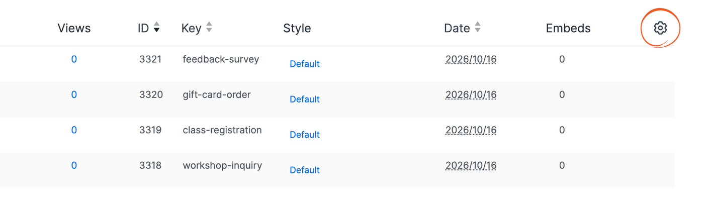 Manage Forms Listing - Settings Icon at the right end of the table header Manage Forms Listing - Settings Icon at the right end of the table header