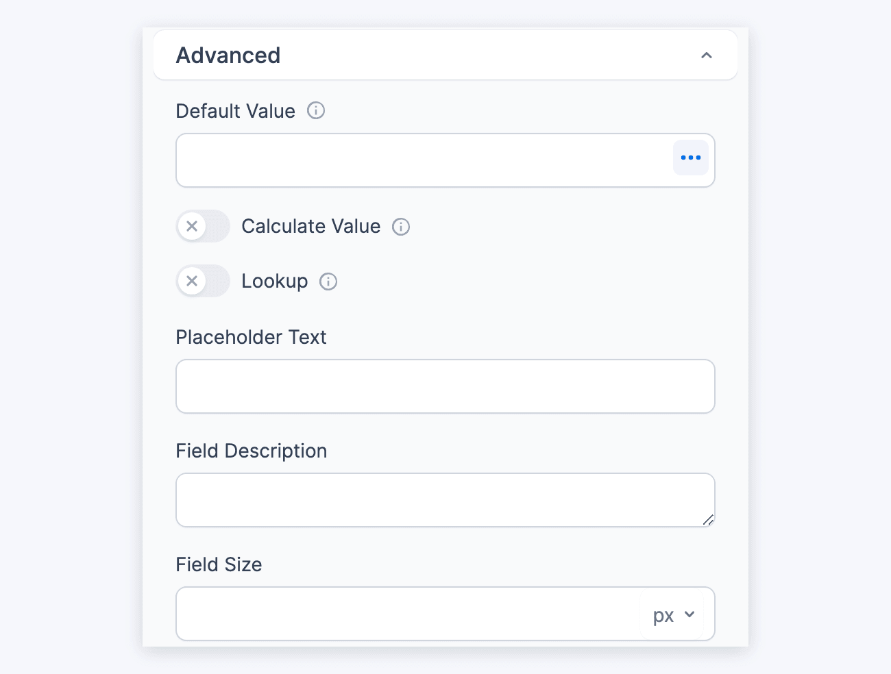 Number Field Options - Advanced, Default Value to Field Size Number Field Options - Advanced, Default Value to Field Size