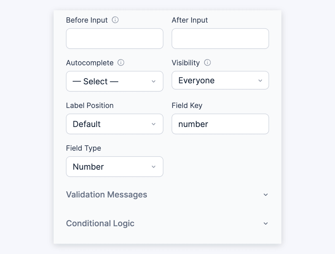 Number Field Options - Before Input to Field Type, Validation Messages and Conditional Logic Number Field Options - Before Input to Field Type, Validation Messages and Conditional Logic