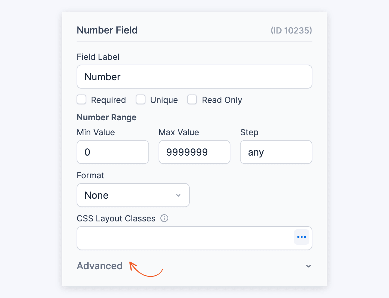 Number Field Options tab with an arrow on the collapsed Advanced section