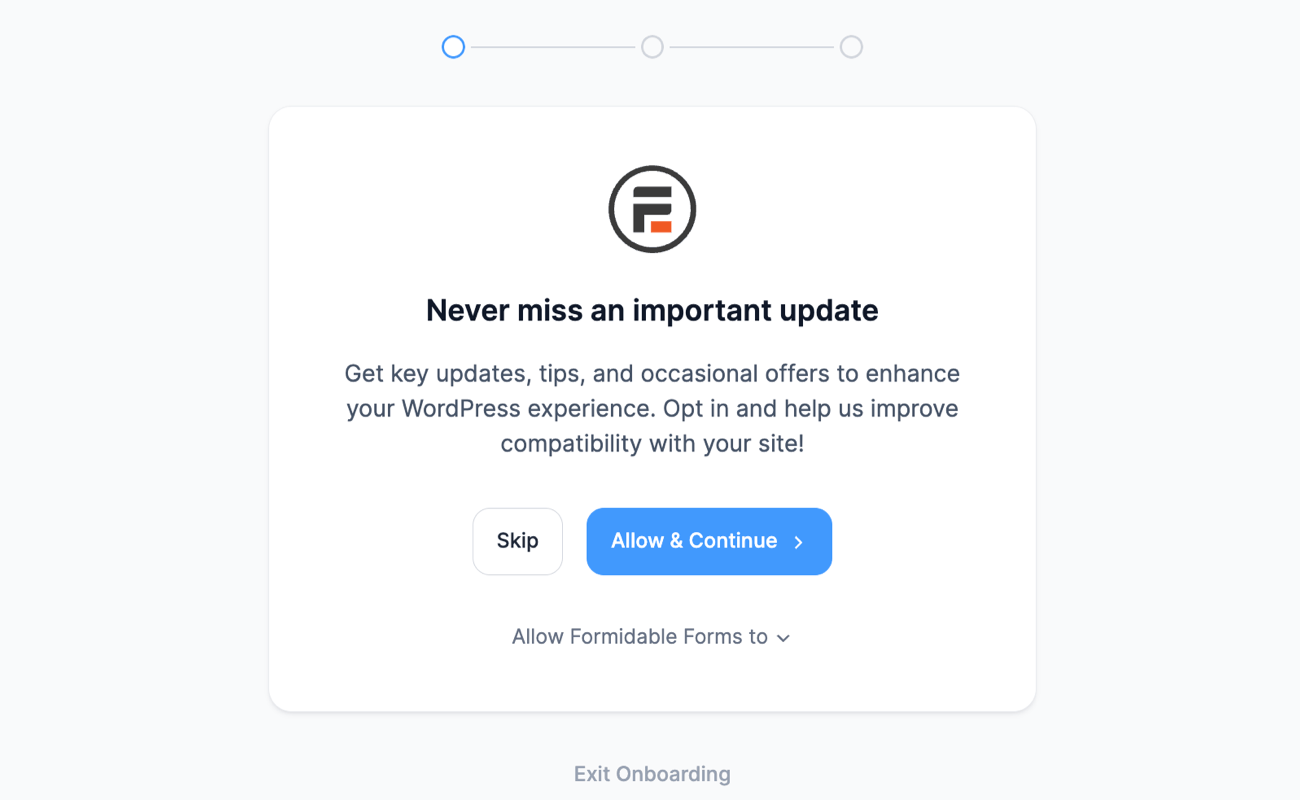 Click the Allow and Continue button to proceed to the next step in the Onboarding Wizard