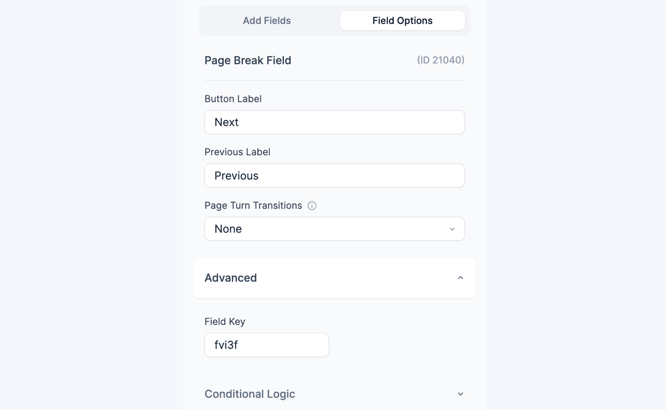 Page Break Field options