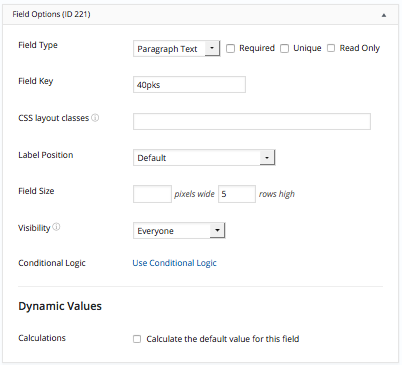 Paragraph Text Field Options