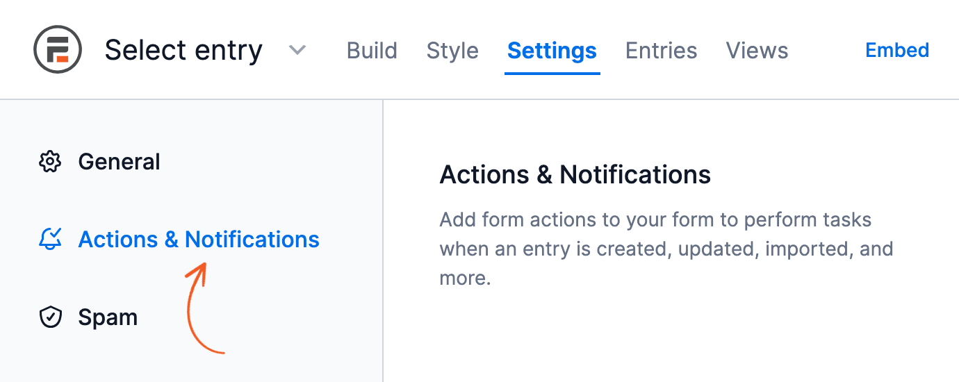 Form Settings tab with an arrow on Actions & Notifications in the settings menu