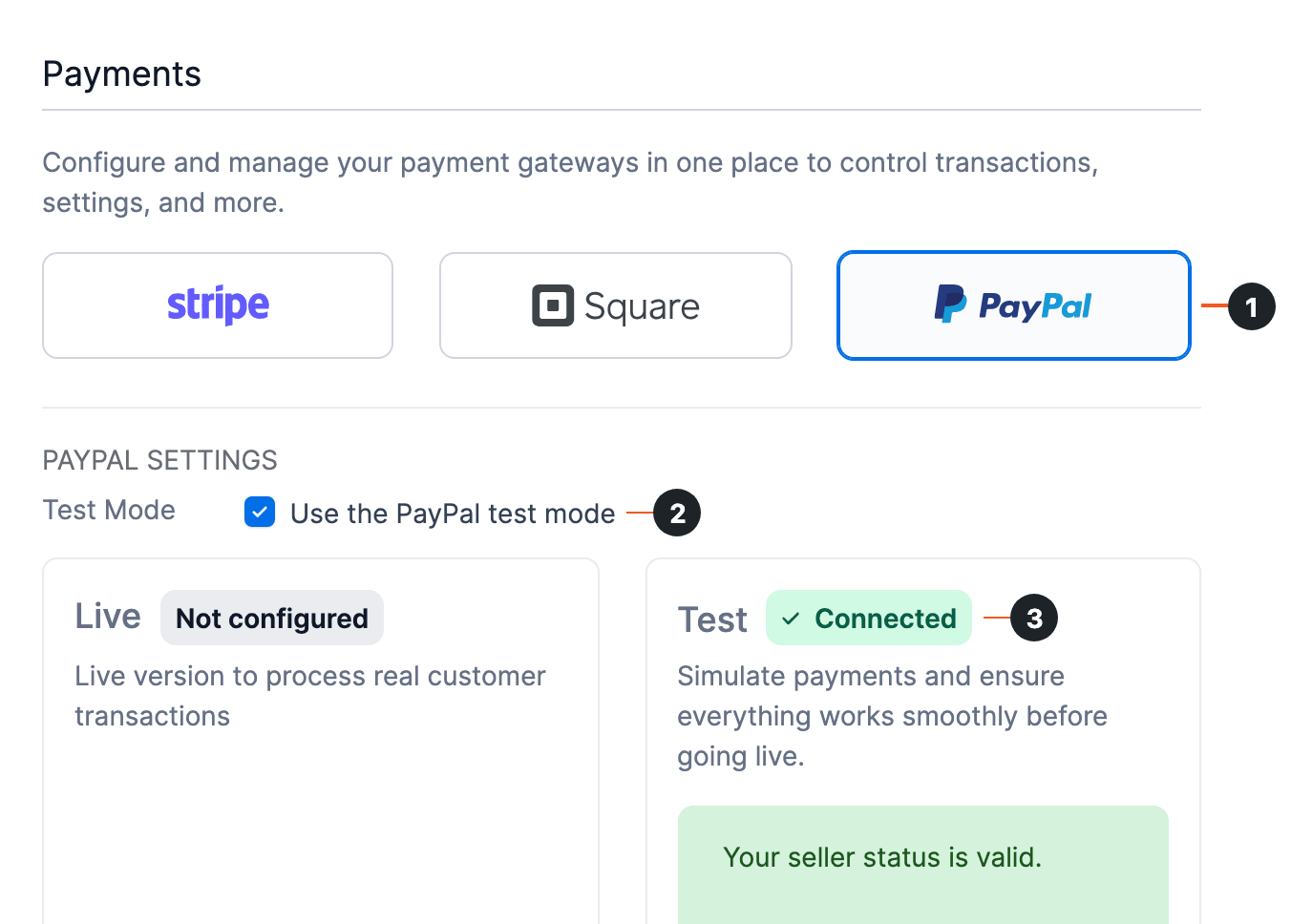 PayPal payment settings with numbered circles on the PayPal button, the test mode box and the Test panel Connected badge PayPal payment settings with numbered circles on the PayPal button, the test mode box and the Test panel Connected badge