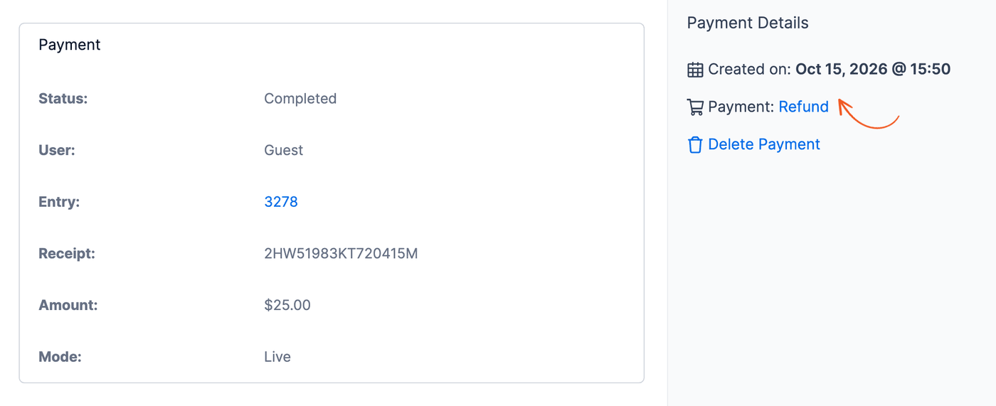 PayPal payment View page with the Payment details and an arrow on the Refund link